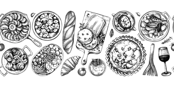 French cuisine dishes vintage drawings collection. Traditional food from France sketches set. French restaurant menu design elements. Hand-drawn food illustration, NOT AI generated